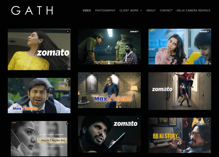 Gallery of the projects of Gath Productions on their site with a dark, large background.