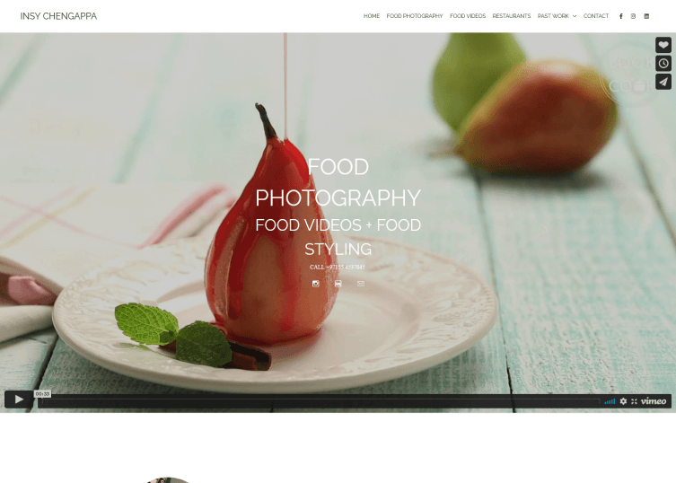 Site of professional photographer Insy that utilizes a large background image of fruit on her homepage.