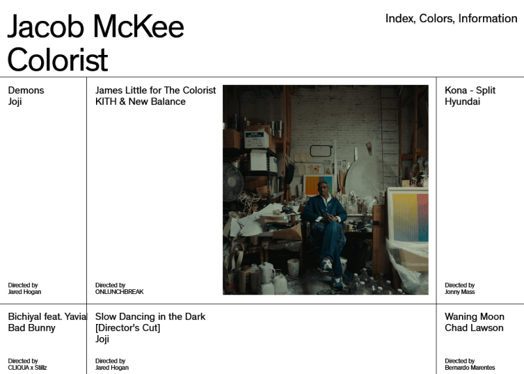 Site of colorist, Jacob McKee, showcasing a still of one of the projects he worked on in a simple, white, large background.